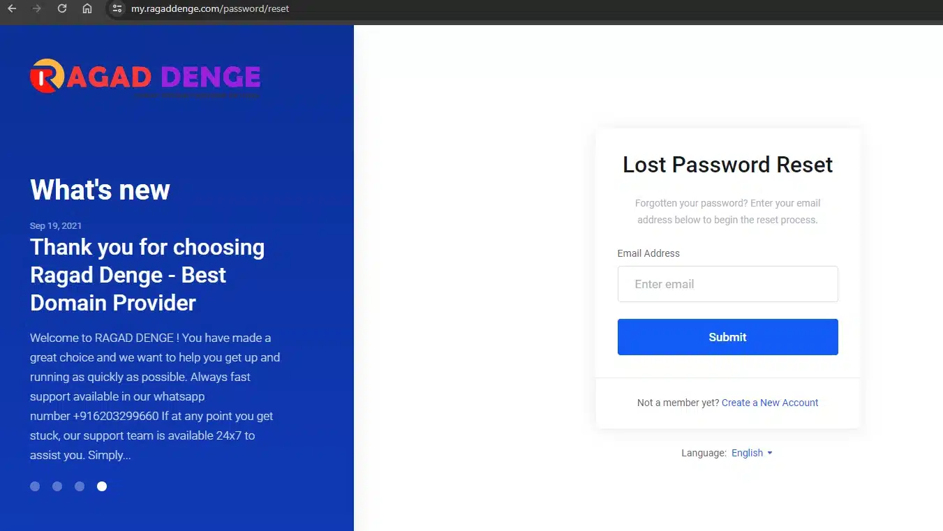 password reset page of RAGAD DENGE