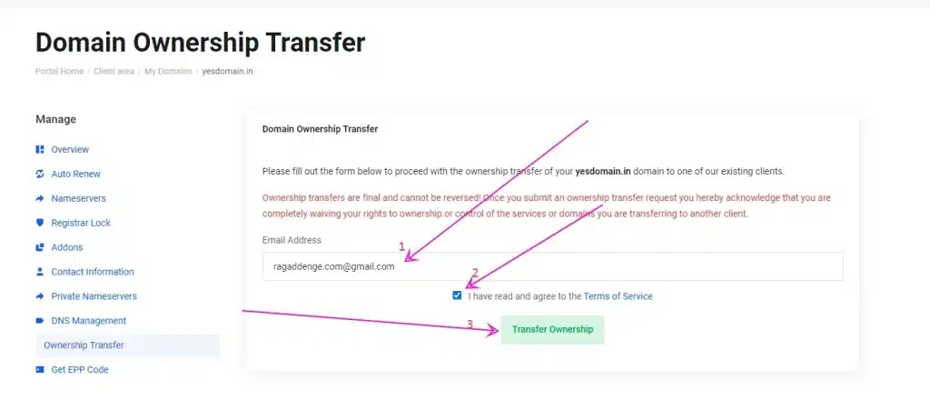 How to Instantly Transfer a Domain to Another Account Using the Ownership Transfer Option 2 yesdomain new client email for move domain