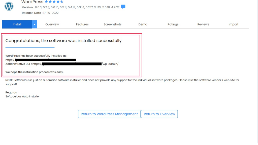 Congratulations, the software was installed successfully.
