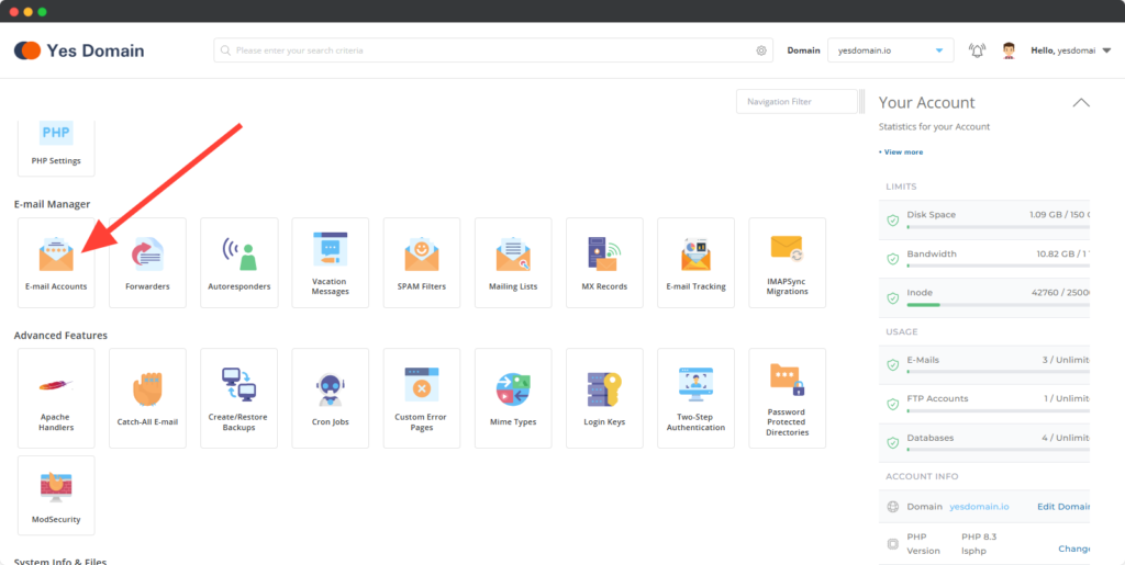 Email Accounts section