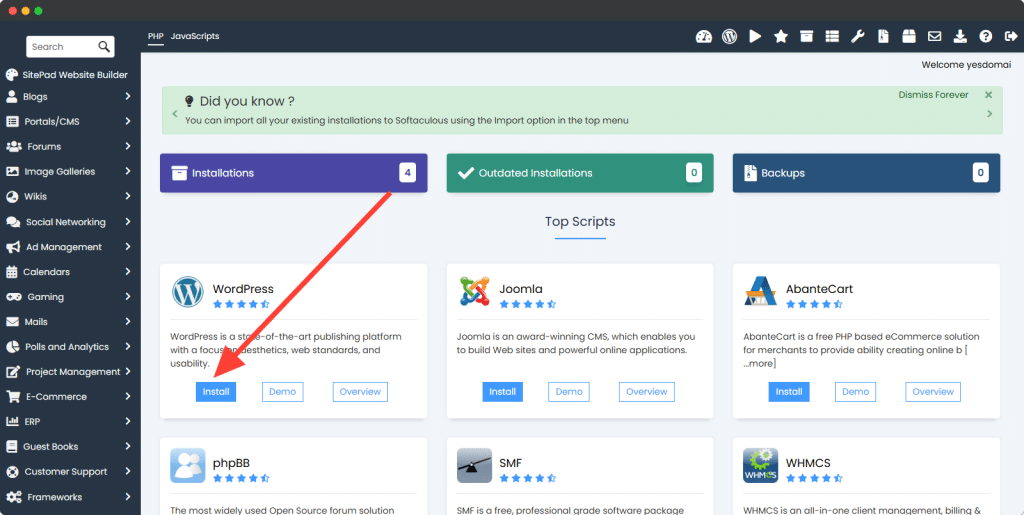 Softaculous WordPress installation page
