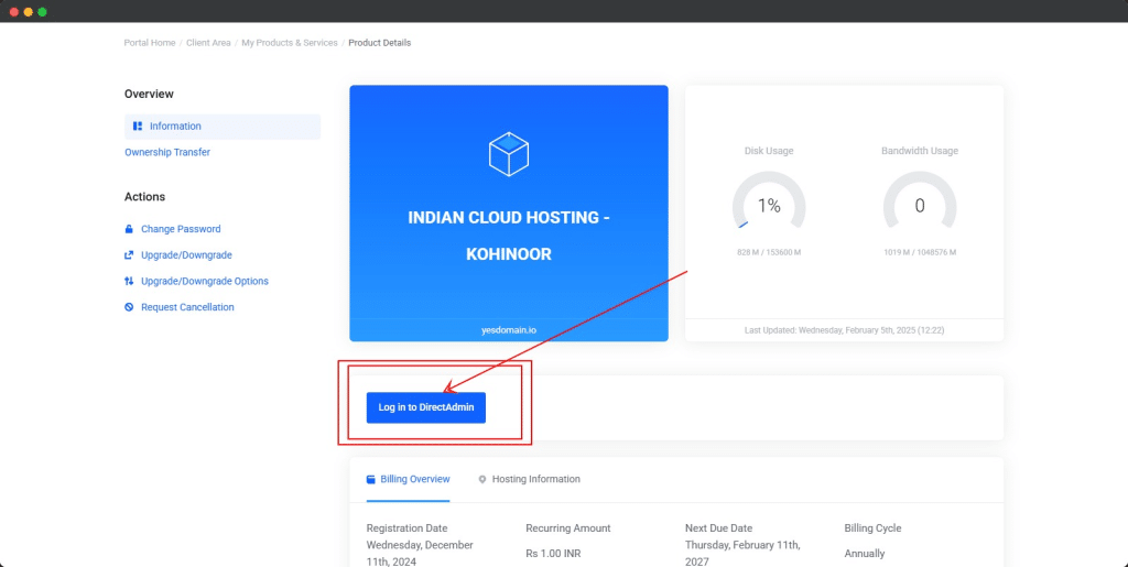 yes domain hosting log in directly using control panel