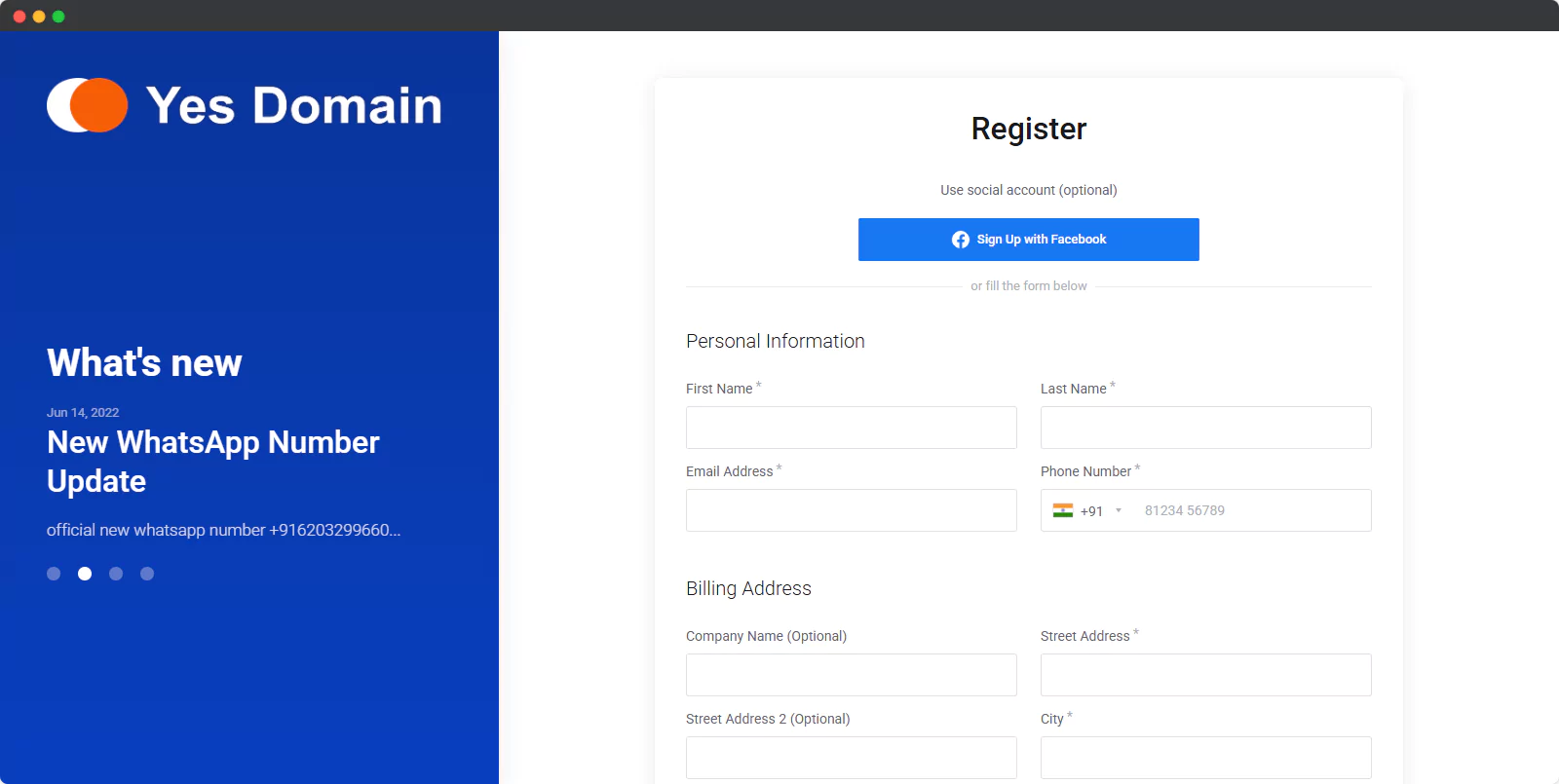 yes domain account create page
